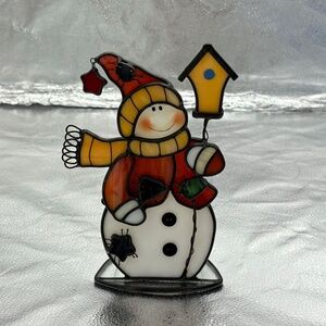 Christmas Stained Glass Snowman Figurine With Birdhouse Red‎ Hat Free Standing